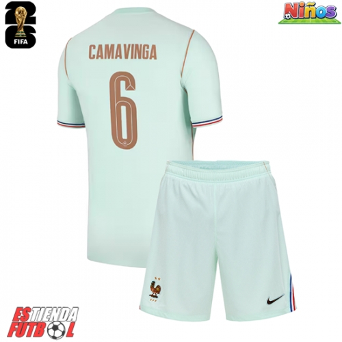 Francia Eduardo Camavinga #6 Segunda Equipación Niños Mundial 2026 Manga Corta (+ Pantalones cortos)